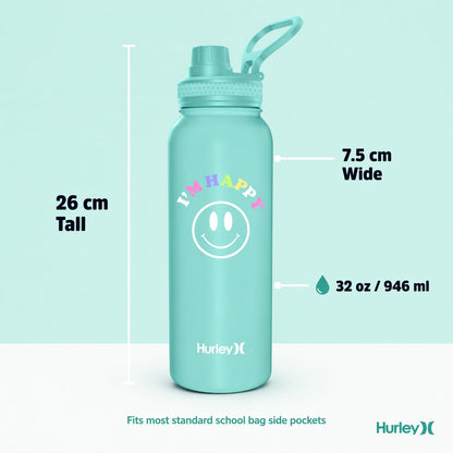 Hurley 32 Oz Reusable Water Bottle with Chug Cap Stainless Steel Sports Bottle "I'M HAPPY" Design with Handle on Lid, Mint