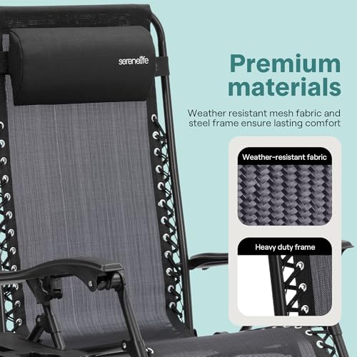 SereneLife 3 PCS Lounge Chair Set, Zero Gravity Reclining Outdoor Lounge Chairs with Side Table, Adjustable Patio Beach Chairs with Removable Headrest, Black