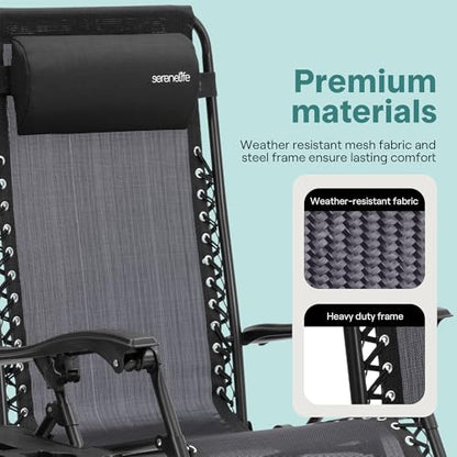 SereneLife 3 PCS Lounge Chair Set, Zero Gravity Reclining Outdoor Lounge Chairs with Side Table, Adjustable Patio Beach Chairs with Removable Headrest, Black
