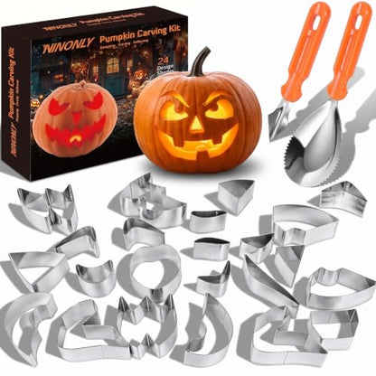 Halloween Pumpkin Carving Kit, 24pcs Pumpkin Cutters & 2pcs Carving Tools | Stainless Steel 26pcs Pumpkin Carving Knife Tools Set for Adults Beginners, Easy Safe Fun DIY Jack-O-Lantern Halloween Decor