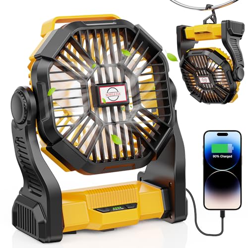 DOWILLDO 20000mAh Battery Operated Fan, Camping Fan Rechargeable with LED Light & Hooks, Portable Tent Fan Outdoor for Picnic, Barbecue, Fishing, Travel（Yellow）