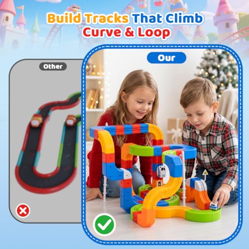 Electric Train Set 3D Track STEM Toy Toddler Gifts for 3-8 Boys Girls | 100PCS Train Sets for Kids Toys, Track Blocks with Flip Hanging Tracks, USB Car, Traffic Signs, Stockings Stuffers for Kids