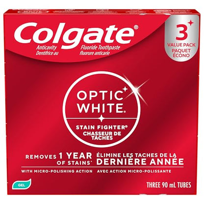 Colgate Optic White Stain Fighter Dentifrice blanchissant, Gel menthe fraîche - 90 ml, Paquet de 3