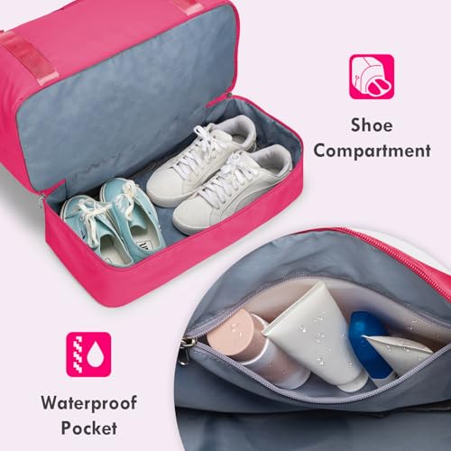 WOOMADA Weekender Overnight Bag for Women, Shoulder Travel Duffel with Shoes Compartment,Gym Bag with Toiletry Bag(Hot Pink)