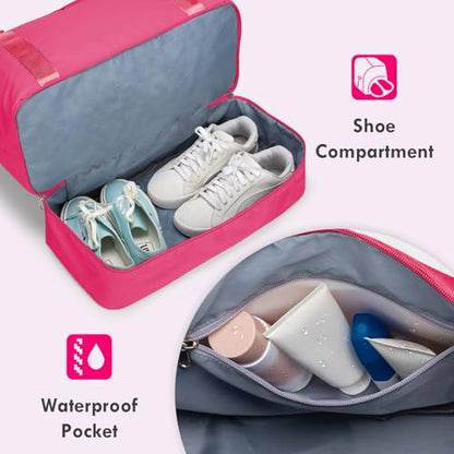 WOOMADA Weekender Overnight Bag for Women, Shoulder Travel Duffel with Shoes Compartment,Gym Bag with Toiletry Bag(Hot Pink)
