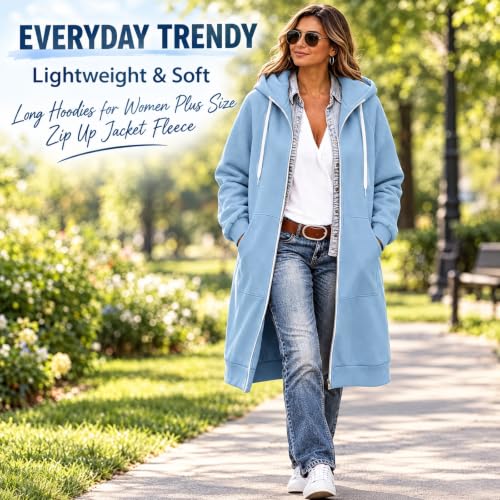 Zip Up Fleece Hoodie Women Long Womens Jacket Long Hoodies for Women Plus Size Zip Up Jacket with Hood Knee Length Cardigan Coat Casual Fleece Sweatshirt Full Zipper Light Blue,XL