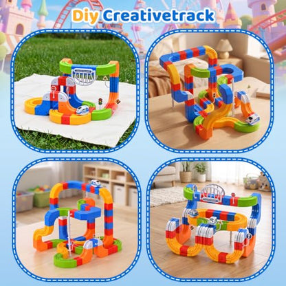 Electric Train Set 3D Track STEM Toy Toddler Gifts for 3-8 Boys Girls | 100PCS Train Sets for Kids Toys, Track Blocks with Flip Hanging Tracks, USB Car, Traffic Signs, Stockings Stuffers for Kids