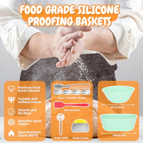 Complete Sourdough Bread Starter Kit with 35OZ Jar, All-in-One Sourdough Starter Kit, 2 Silicone Proofing Baskets, Non-Stick Baking Mat & 15-Piece Baking Tools Set - Includes Dough Scraper, Lid & More