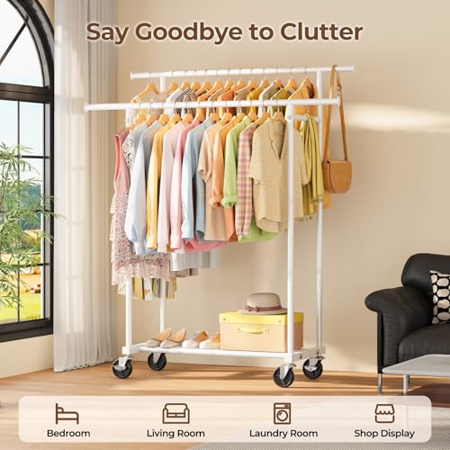 HYSEYY Double Rods Clothes Rack, Rolling Clothing Rack, Metal Garment Rack with 4 Lockable Wheels & Storage Shelf, Sturdy Coat Rack for Bedroom, Laundry, Living Room - 160H x 113W x 42D cm (White)