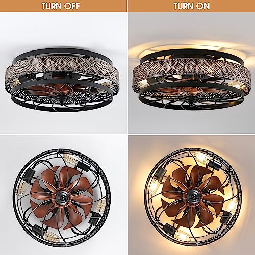 18" Low Profile Caged Ceiling Fans with Lights and Remote, Flush Mount Ceiling Fan with Light, Bedroom Fan, Small Industrial Black Ceiling Light Fixture, Reversible(Bulbs not Included)