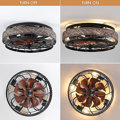 18" Low Profile Caged Ceiling Fans with Lights and Remote, Flush Mount Ceiling Fan with Light, Bedroom Fan, Small Industrial Black Ceiling Light Fixture, Reversible(Bulbs not Included)