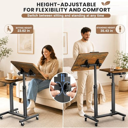 Elowen Rolling Laptop Desk with Wheels, Double-Pole Portable Overbed Table