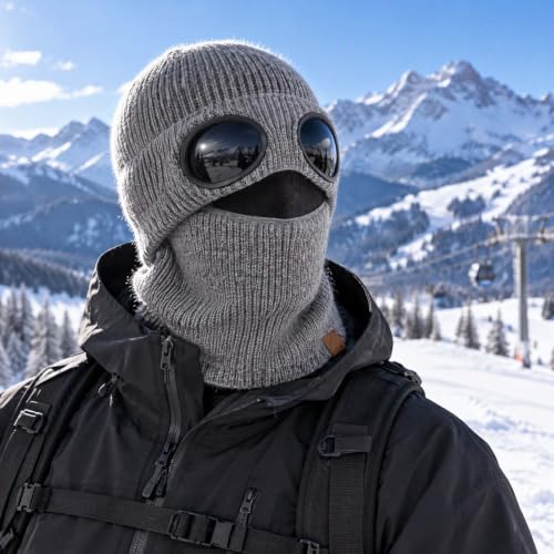 2 in 1 Ribbed Knit Balaclava Beanie with Goggle-Style Eye Panels Gray