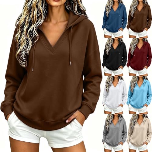 Hoodies for Women Womens Hoodies V Neck Hooded Sweatshirt Loose Drop Shoulder Long Sleeve Pullover with Pockets Daily Commute Coffee S