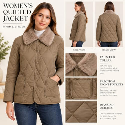 Women's Lightweight Quilted Jacket Faux Fur Collar Short Padded Coat Button Down Casual Mild Weather Outerwear with Pockets