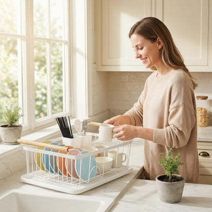 Fvellix Dish Racks for Kitchen Counter, Thickened Metal Dish Drying Rack with Wooden Handles, Kitchen Countertop Organizer for Dishes, Spoons and Forks, No Assembly, White, 16.7''*12.6''*5.12''