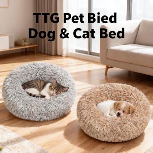 20in Donut Pet Bed, Calming Cushion for Small/Medium Dogs & Cats, Fluffy, Washable Light Brown