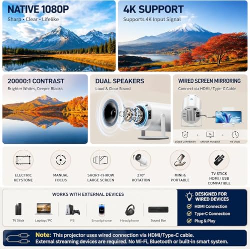 Telonixium 1080P Full HD Mini Projector Portable, 4K Support, 270° Rotation