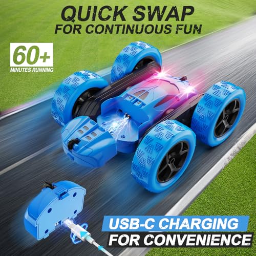 QUNREDA Remote Control Car for Kids Ages 6+, RC Cars Stunt Car Toy 4WD Double Sided 360° Rotating Remote Control with Headlights, Birthday Xmas Gifts for Boys 6 7 8 9 10 11 12 1-Blue