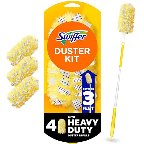 Swiffer Duster Kit with 3ft Extendable Handle, Heavy Duty Dusting Starter Kit with 4 Refills, for Ceiling Fans, Vents and Hard to Reach Places