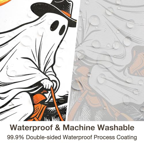 Leowefowa Halloween Western Cowboy Ghost Shower Curtain, Cute Spooky Ghost on Horse Desert Shower Curtain with Pumpkin Moon & Cactus, Funny Halloween Bathroom Curtains for Kids, 72''Wx72''L