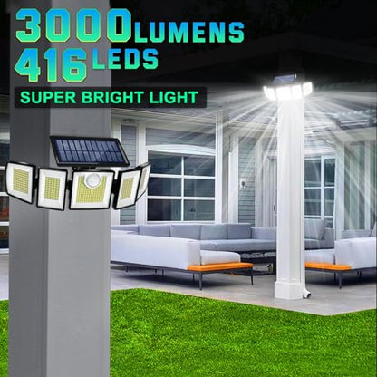 MDCMDCM Solar Lights Outdoor Motion Sensor IP65 Waterproof - 416 LEDs 3000LM Bright 3 Warm White Lighting Modes, 360°Adjustable 32ft for Garden Patio Security