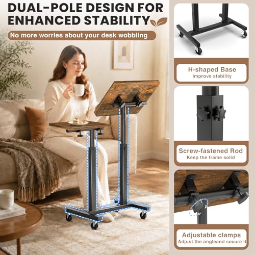 Elowen Rolling Laptop Desk with Wheels, Double-Pole Portable Overbed Table