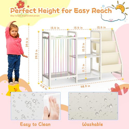CYXPHION B1 Kids Bookshelf and Toy Storage, 3-Tier Book Shelf for Kids Rooms, Sling Baby Bookcase with Animal Storage, Montessori Toddler Bookshelf for Nursery, Bedroom, Playroom, White