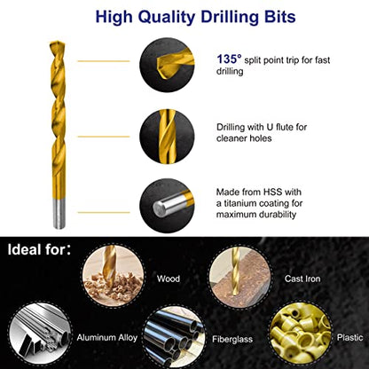 Hurricane 99 Pieces Titanium Twist Drill Bit Set, 135 Deg Tip High Speed Steel, Size from 1/16 Inch up to 3/8 Inch, Ideal Drilling in Wood/Cast Iron/Aluminum Alloy/Plastic/Fiberglass, with Hard Storage