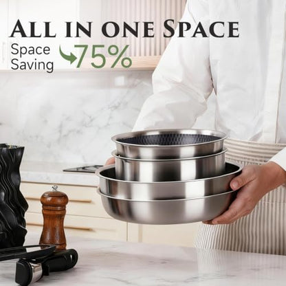 JEETEE Hybrid Stainless Steel Titanium Cookware Set with Detachable Handles | 18 Pcs Pots and Pan Set with Removable Handle, Induction Kitchen Cookware Set for RV Camping, Oven & Dishwasher Safe