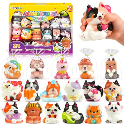 FUNNYB&G Squishy Toys Set for Kids - 24 Pack Cat Squishies Toys, Party Favors for Kids, Soft Stress Relief Toys, Classroom Prizes, Goodie Bag Fillers, Baskets Stuffers, Birthday Gifts for Boys Girls