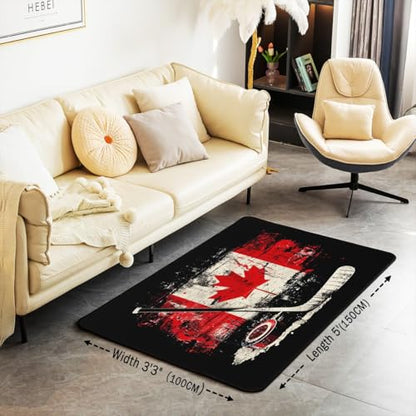 Feelyou Kids Ice Hockey Area Rug 3x5 Canada Flag Living Room Rugs for Boys Girls Winter Sports Decorative Carpet Indoor Floor Mat