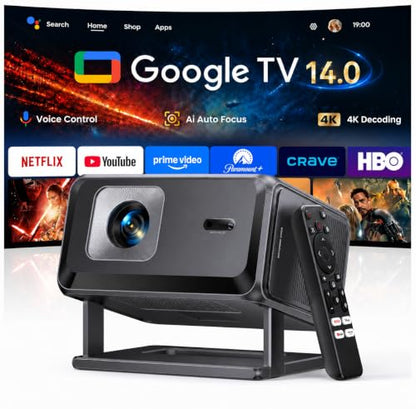 Smart Projector 4K【Upgraded Google TV 14.0 & Dolby】Short Throw Mini Projectors with Auto Focus & Keystone|Compatible with Netflix|HDR10,Portable Outdoor Projecteur with WiFi & Bluetooth for Movie/Home