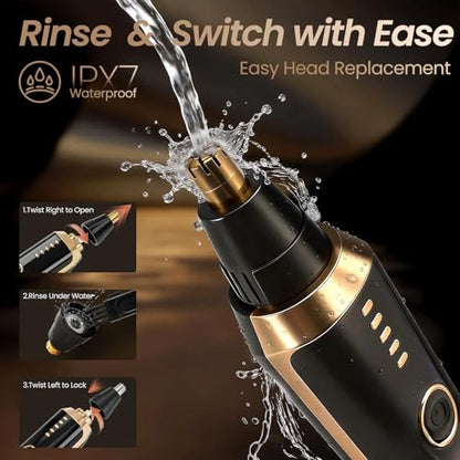 Beanify LED Display Eyebrow & Nose Hair Trimmer Clipper for Men Women,2025 Rechargeable 2 in 1 Painless Ear & Facial Hair Trimmer with Powerful Motor and Dual-Edge Blades Easy Cleansing (Black Gold)