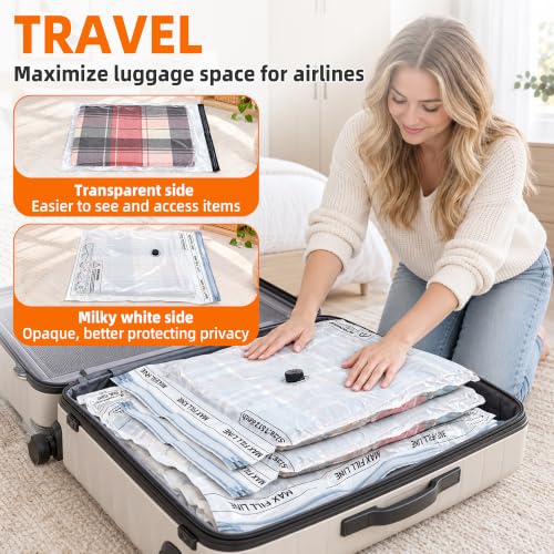 Vacuum Storage Bags for Travel with Rechargeable Pump, 12 Pack, 3 Sizes | Reusable vacuum sealer bags for clothes, luggage, suitcase and closet storage; clear front for easy viewing and opaque back