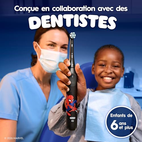 Oral-B iO Kids Rechargeable Electric Powered Toothbrush, Spiderman with 1 Gentle Care Brush Head - Automatic Pressure Sensor to Protect Gums - 3 Cleaning Settings - 2 Min Music Timer - 28 Day Battery Life
