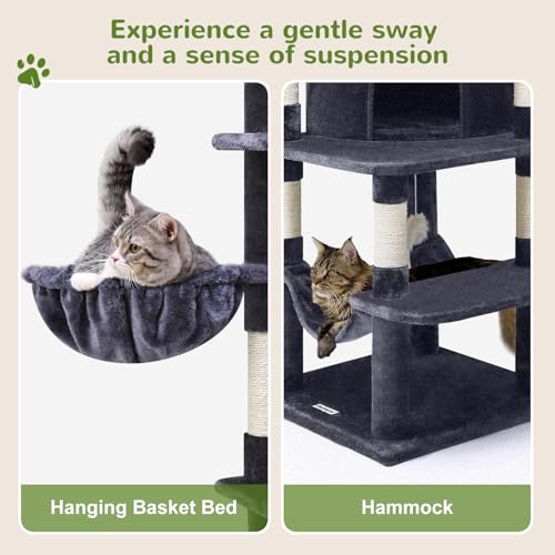 Globlazer Corner Stable Cat Tree Tower for Indoor Large Cats, Dark Grey | 66in Tall Curved Series Large Cat Condo with 6 Sisal Scratching Posts, 2 Spacious Caves, Large Hammock, Hanging Basket, C66