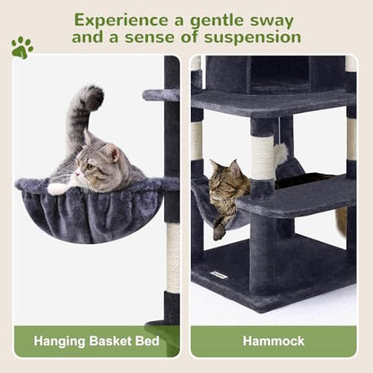 Globlazer Corner Stable Cat Tree Tower for Indoor Large Cats, Dark Grey | 66in Tall Curved Series Large Cat Condo with 6 Sisal Scratching Posts, 2 Spacious Caves, Large Hammock, Hanging Basket, C66