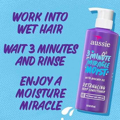 Aussie 3 Minute Miracle Moist Detangling Deep Conditioner Treatment with Avocado Oil, Paraben and Sulfate Free, 1.42 L in Total (3 Count of 475 mL Each)