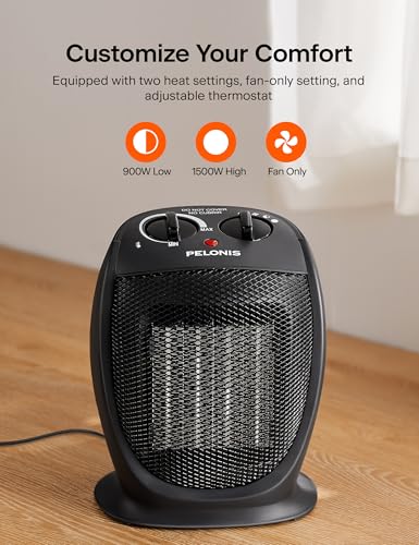 PELONIS Portable Electric Space Heater, 1500W Ceramic Heaters for Home, Office, Personal Use, Quiet Cooling & Heating Mode Room Heater for All Season, Tip Over & Overheat Protection, Black, 9inch