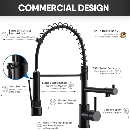 GIFTQOOL Kitchen Faucet with Pull Down Sprayer Dual Pot Filler, Matte Black Stainless Steel Single Handle Kitchen Sink Faucets High Arc Spring Commercial Tap 1 Hole Modern Faucets