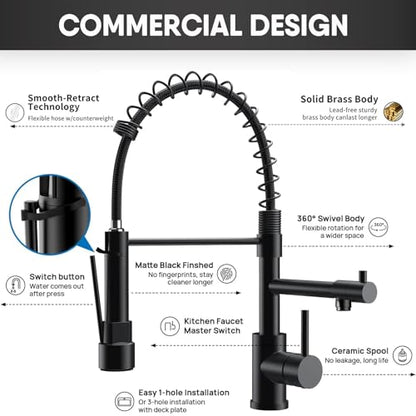 GIFTQOOL Kitchen Faucet with Pull Down Sprayer Dual Pot Filler, Matte Black Stainless Steel Single Handle Kitchen Sink Faucets High Arc Spring Commercial Tap 1 Hole Modern Faucets