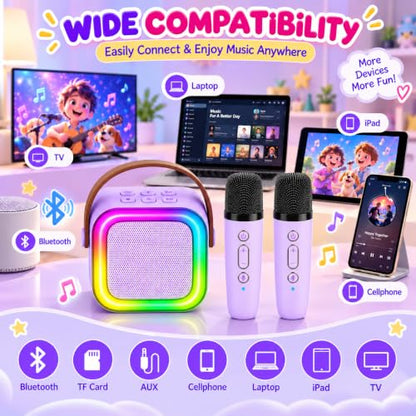 Mini Karaoke Machine for Kids with 2 Wireless Microphones (Purple) | Bluetooth Connectivity, Voice Change, LED Lights, Wireless Microphone