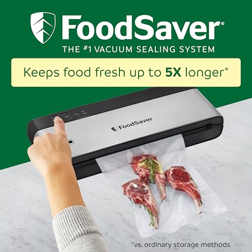 FoodSaver PowerVac Compact Vacuum Sealer Machine w/ Vertical Storage | 5 Airtight Vacuum Seal Bags & 1 Roll | VS0150 | Stainless Steel / Black