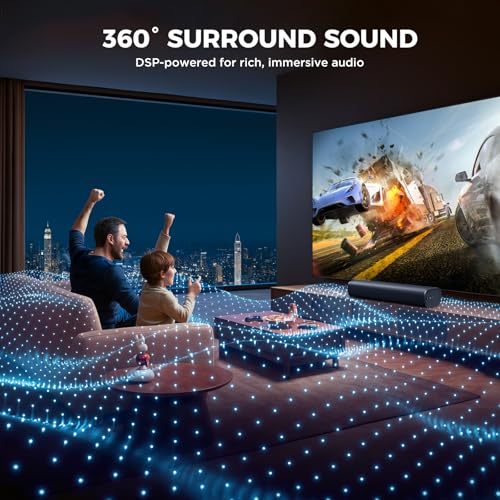 MZEIBO 50W Mini TV Soundbar, Bluetooth Speaker with ARC, Optical and AUX Input, Compact Home Theater Surround Sound Bar for TV, PC and Projector