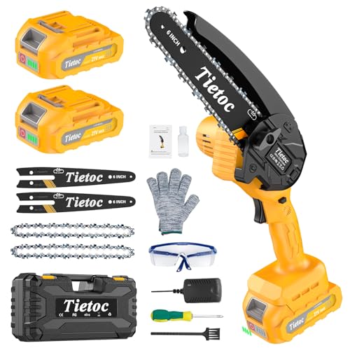 Mini tronçonneuse sans fil TIETOC 6 pouces avec grandes batteries, tronçonneuse électrique 880 W avec système de lubrification, petite tronçonneuse à batterie pour la coupe du bois/des arbres pour hommes, papa, mari, gadget