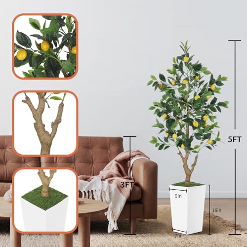 PHYTREE 5FT Artificial Lemon Tree with White Tall Planter & Fruits