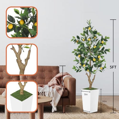 PHYTREE 5FT Artificial Lemon Tree with White Tall Planter & Fruits