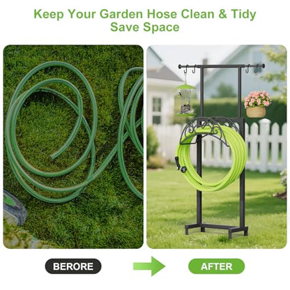 NEYCIL Garden Hose Holder with Telescopic Pole, Freestanding Garden Hose Stand Stake with 4 Spikes, Heavy Duty Sturdy Metal Hose Storage Rack and Hanger for Outside Yard Lawn Farm, Black