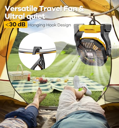 DOWILLDO 20000mAh Battery Operated Fan, Camping Fan Rechargeable with LED Light & Hooks, Portable Tent Fan Outdoor for Picnic, Barbecue, Fishing, Travel（Yellow）